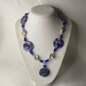 Handcrafted “The Blue Floral” Necklace w/Shell, Cat’s Eye and Crystals